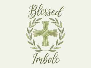 Blessed imbolc cross with laurel wreath on beige background