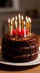 Delicious chocolate cake with lit candles for a birthday celebration.