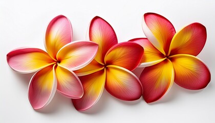 vibrant tropical plumeria blossoms in red yellow and pink hues isolated on a white background flowers