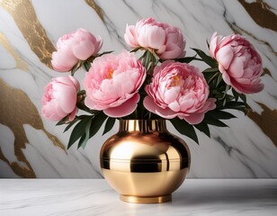 vibrant pink peonies in a golden vase against a luxurious white marble backdrop