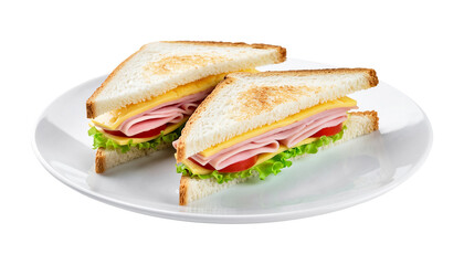 Classic ham and cheese sandwich halves with fresh lettuce and tomato on toasted bread isolated on transparent background
