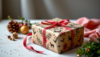Artistic Gift Wrapping with Textured Paper and Fabric Ribbons