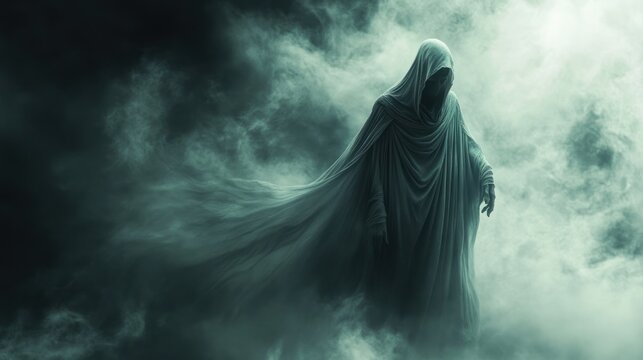Mysterious figure in cloak emerging from swirling mist artwork