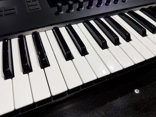 White and black keys on electronic synthesizer. Keyboard panel for electronic music with white and black keys. Natural notes and flat notes on musical instrument layout