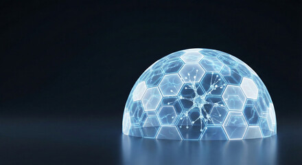 Tech Defense: A translucent, glowing shield encapsulates a complex network, symbolizing cybersecurity and technological protection. The image encapsulates innovation and safeguarding.