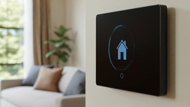Close smart home wall panel with single house icon on its sleek digital display. Home protection AI