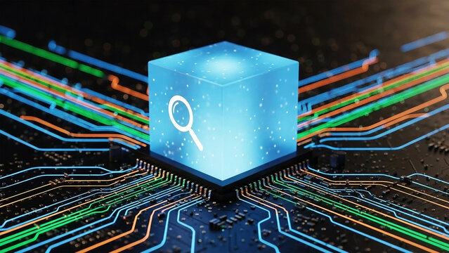 Glowing blue cube with magnifying glass symbol on circuit board technology computer