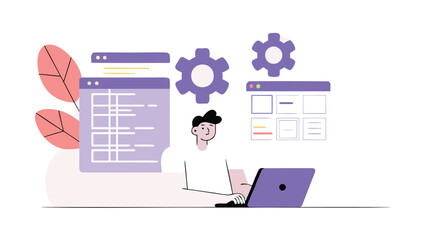 Developer focused on coding tasks with structured workflow and tools on laptop computer