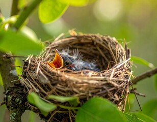 Close-up of a small, feathered chick with an open beak, nestled in a twig nest among green foliage