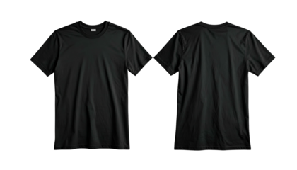 Front and back views of a plain black crew neck t-shirt, isolated on black background