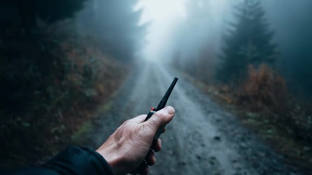 Medium shot of a person triggering a handheld audible alarm device producing a loud sound to deter attackers in an isolated environment.