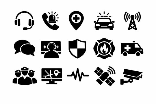 Emergency services icons set featuring police, ambulance, and communication symbols