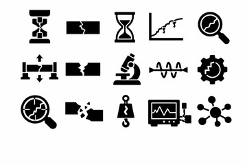 Collection of scientific icons featuring time, microscope, and graphs