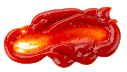 Macro shot of a vibrant red, glossy condiment blob on a transparent black background