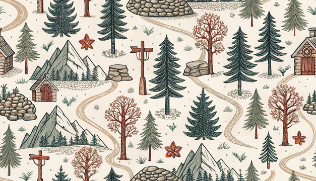 Hand drawn seamless pattern of mountain landscape with rustic cabins pine forest winding paths and scattered large boulders