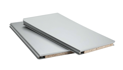 Two rectangular, metallic-grey panels with wood-like edges, slightly overlapping, isolated