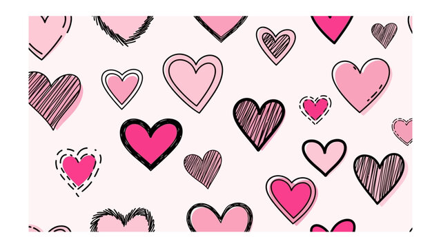 Love's Tapestry: A whimsical array of sketched hearts in varying shades of pink, forming a delightful pattern, ready to embrace the warmth and affection of love.