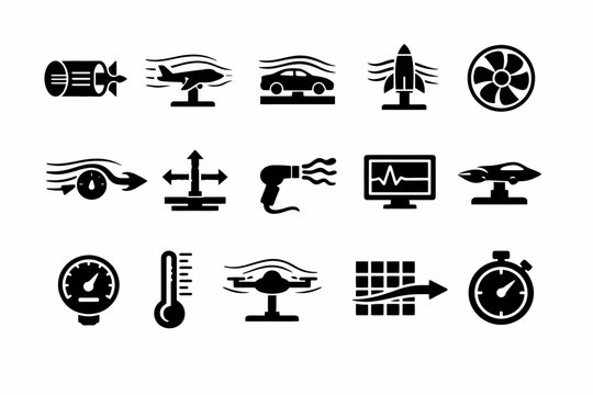 Aerodynamics icons: vehicles, speed, wind tunnel, testing equipment, stopwatch