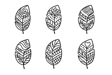 Set of six decorative feather icons with tribal patterns © icon_art