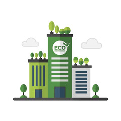 Eco-friendly buildings with trees on rooftops and clouds above.