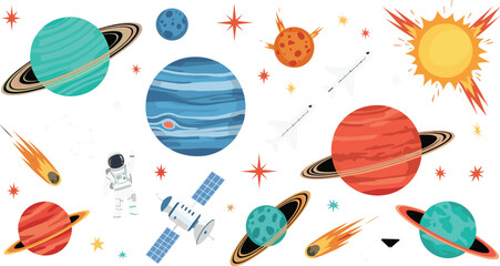 Colorful cartoon outer space illustration with planets sun astronaut satellite rockets and comets playful cosmic elements for kids design © Saya
