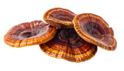 Close-up of several dark-brown, layered, shelf-like fungi, isolated against black