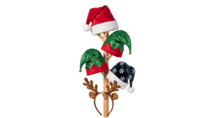 Holiday hat rack with festive hats and reindeer antlers on white background  