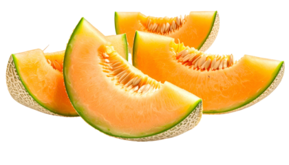 Sliced cantaloupe melon pieces, showing juicy orange flesh and seeds, against black