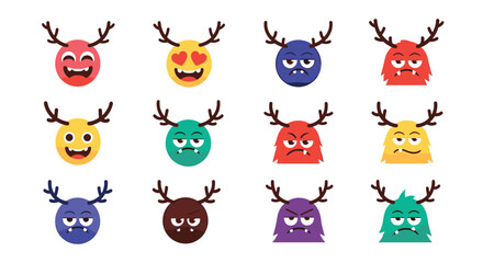 Obraz premium A vibrant set of cute and colorful monster emoticons with antlers displaying a wide range of different facial expressions and emotions.