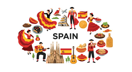 Fototapeta premium A vibrant and detailed collage of famous Spanish cultural icons and landmarks celebrating the rich traditions and attractions of Spain.