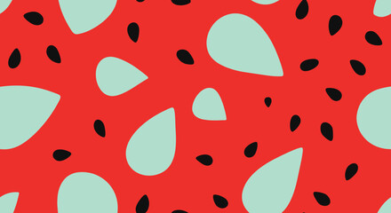 A vibrant and abstract seamless pattern representing the inside of a watermelon with red pulp black seeds and green rind shapes.
