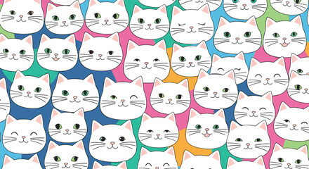 A cute and playful seamless pattern featuring the adorable faces of white cats with different expressions on a colorful background.