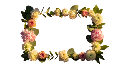 Elegant floral wreath with pastel roses and greenery arranged in a rectangular frame for special