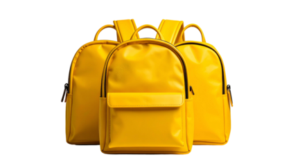 Three bright yellow backpacks with rounded shapes on black background