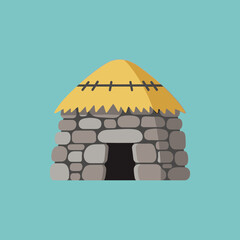 Stone hut with thatched roof and dark doorway.