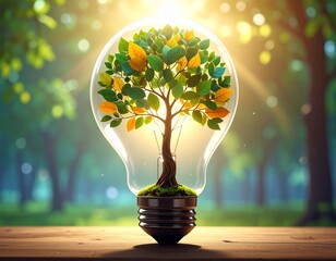 Eco-Friendly Innovation Concept: Green Tree Growing Inside a Glowing Light Bulb in a Sunny Forest Setting