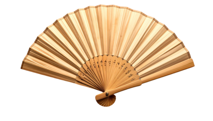 An open, handheld paper fan with wooden ribs against a black background