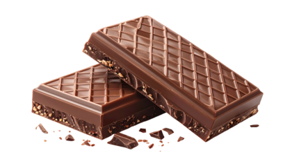 Two chunks of dark chocolate, one atop the other, showing texture and surrounded by crumbles