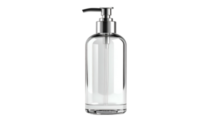 A clear glass dispenser bottle with a shiny metallic pump, isolated on a black background
