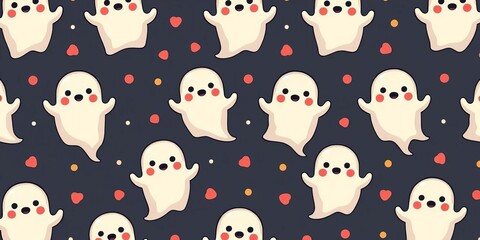 Whimsical repeating pattern of friendly cartoon ghosts with rosy cheeks and simple shapes,  happy,  vector