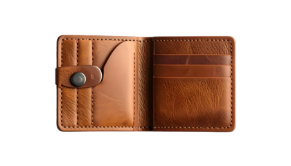 Open, new, stitched brown leather wallet with card slots and button closure