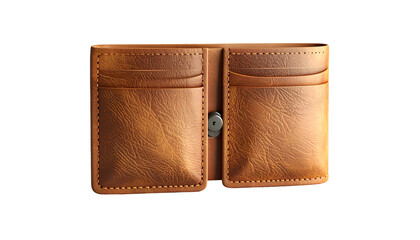 Open, flat, leather wallet; brown hue; showcasing card slots. Against black background