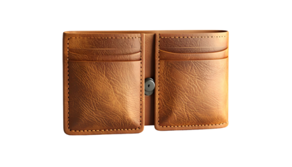 Open, flat, leather wallet; brown hue; showcasing card slots. Against black background