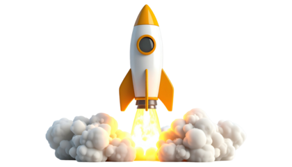 A cartoon rocketship blasting off, trails of smoke and fire against a black background