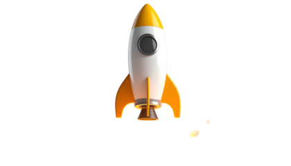 A stylized rocket, primarily white with orange accents, against a black background