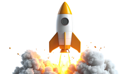 A cartoon rocketship blasting off, trails of smoke and flame against a dark background