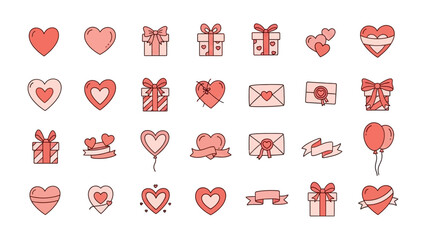Valentine's Day Icon Set: A collection of heart illustrations, gift boxes, envelopes and ribbon set designed with a cheerful mood, perfect for conveying emotions of love and friendship.
