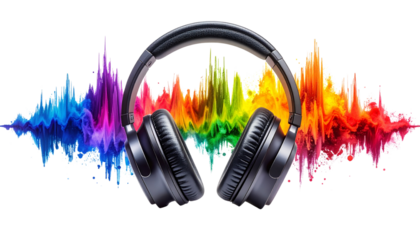Headphones with colorful sound wave, isolated on white background, music and tech concept