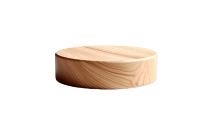 A 3D rendered, light-wood pedestal against a stark black background. The cylindrical platform has visible wood grain, highlighting texture