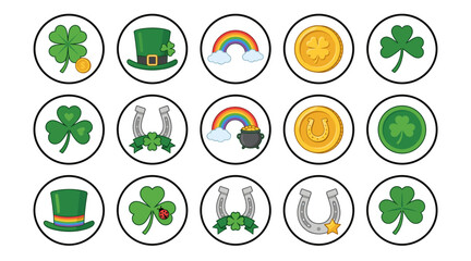 St. Patrick's Day icons featuring shamrocks, rainbows, and gold coins  